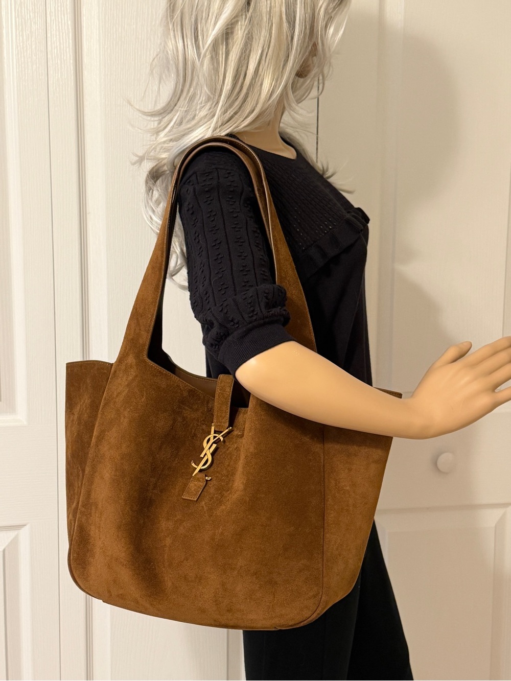 YSL Saint Laurent Le 5 a 7 Bea Tote Bag Brown Caramel Cognac Suede Leather Gold - Picture 4 of 14